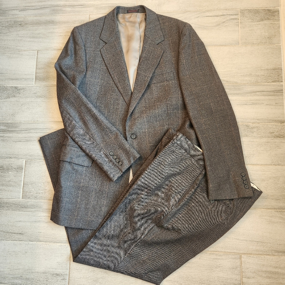 Alexander Shields dress suit 41 Long grey 100% wool windowpane checks classic